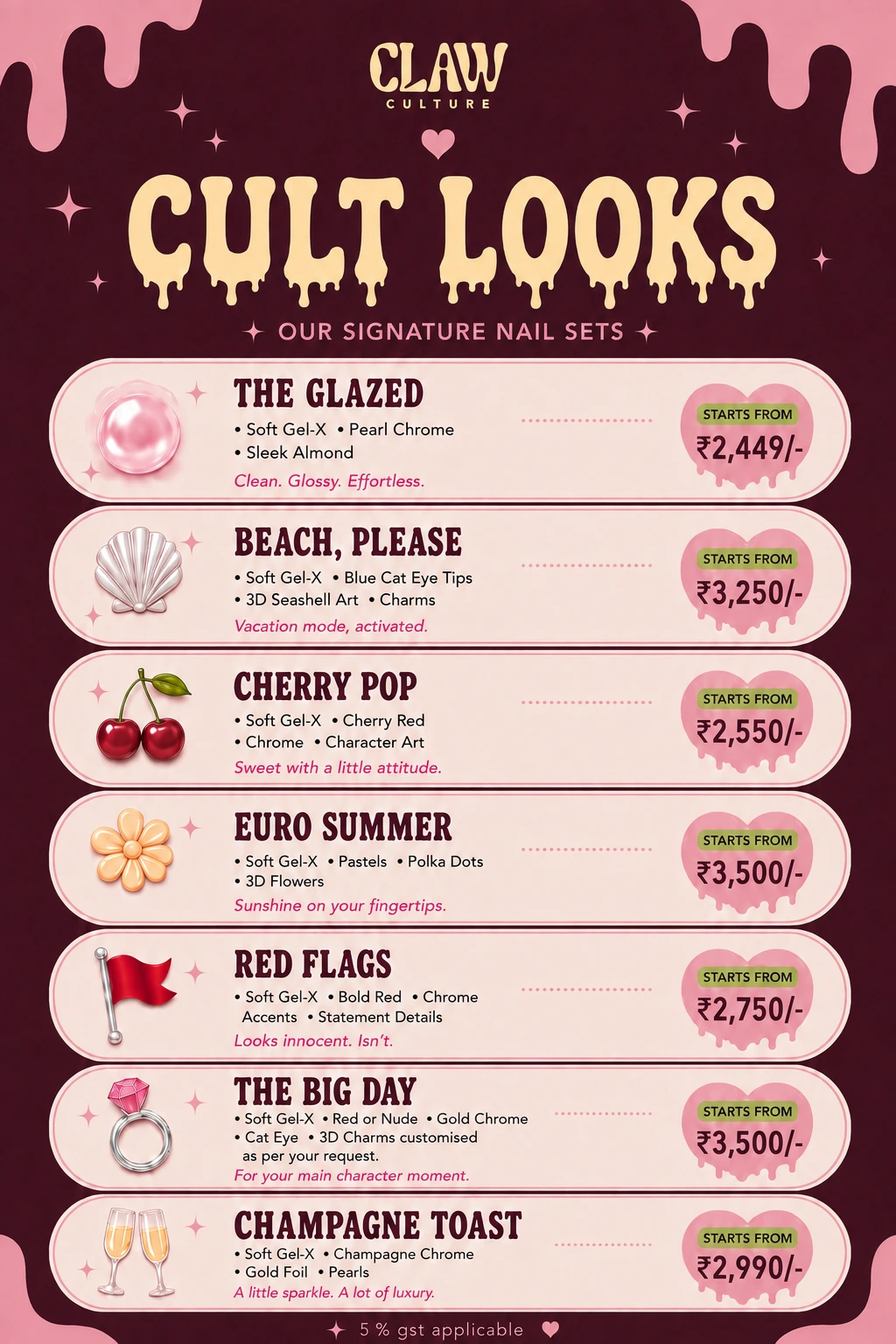 Claw Culture signature nail sets menu