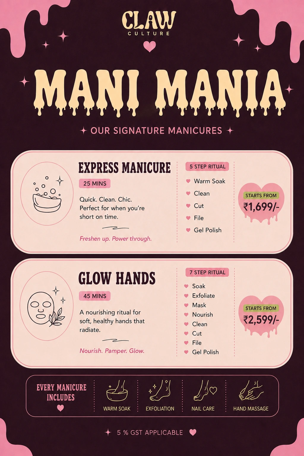 Claw Culture manicure menu and prices