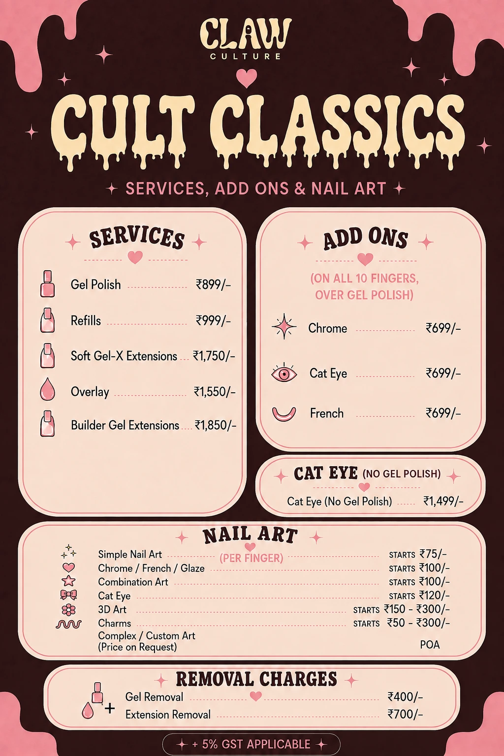 Claw Culture nail services add ons and nail art prices