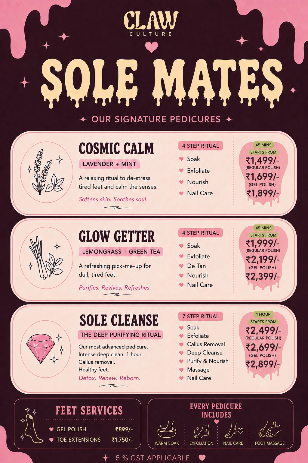 Claw Culture pedicure menu and prices